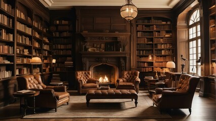 Traditional library interior with fireplace - obrazy, fototapety, plakaty