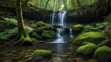 serene waterfall surrounded by lush greenery
