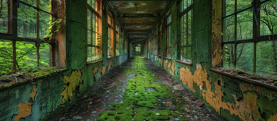 abandoned building interior, overgrown with moss and nature taking back the building, - obrazy, fototapety, plakaty
