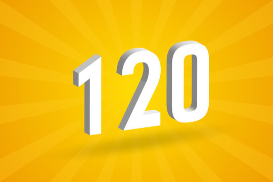 3D 120 number font alphabet. White 3D Number 120 with yellow background