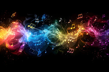 abstract background in the form of a musical wave, a multi-colored musical wave with notes on a black background