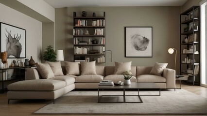 Elegant home decor in a stylish living room with beige sofas