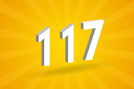3D 117 number font alphabet. White 3D Number 117 with yellow background