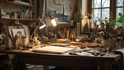 Cozy artists studio filled with art supplies