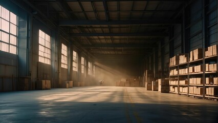 Sunbeams illuminating a large empty warehouse - obrazy, fototapety, plakaty