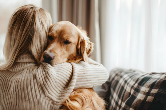 image of a girl with a dog sitting on the sofa in an embrace, a girl and dogs are sitting on the sofa in the apartment