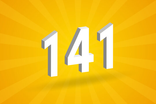 3D 141 number font alphabet. White 3D Number 141 with yellow background