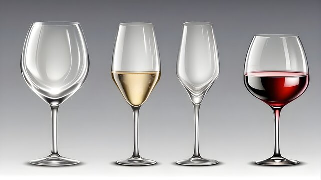 For extended drinks, champagne, and wine, use an empty clear cocktail glass. Set of realistic vector illustrations depicting glasses for alcoholic beverages used in restaurants and kitchens. excellent