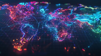 A map of the world showcasing colorful lights representing various locations and regions.
