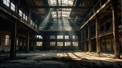 Sunbeams illuminating an abandoned factory