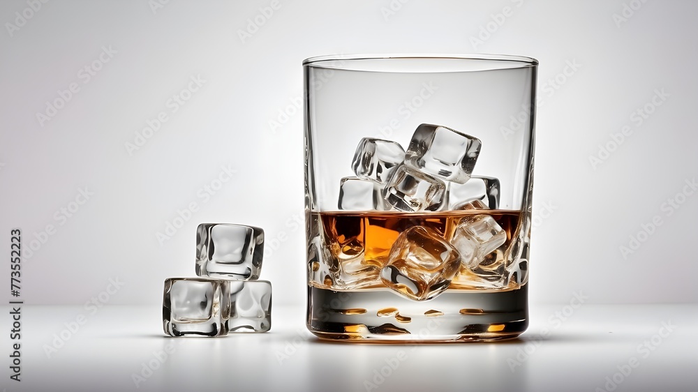 Poster isolated on white is an empty whiskey glass with ice cubes. assemblage style