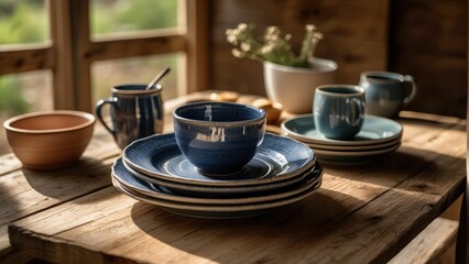 Fototapeta na wymiar Homemade pottery on rustic wooden table