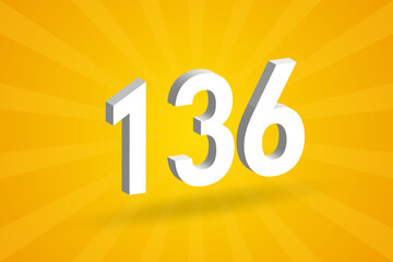 3D 136 number font alphabet. White 3D Number 136 with yellow background