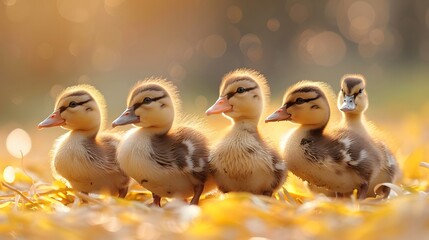 charm of baby ducklings waddling on a sunny yellow background, their fluffy down and curious quacks captured in breathtaking 8k full ultra HD - obrazy, fototapety, plakaty