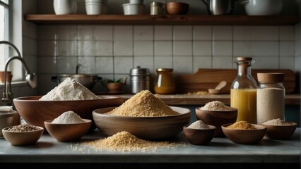 Fototapeta na wymiar kitchen setup showcasing raw ingredients for baking with bowls of flour and grains
