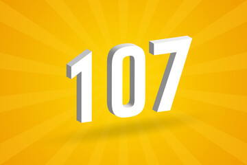 3D 107 number font alphabet. White 3D Number 107 with yellow background