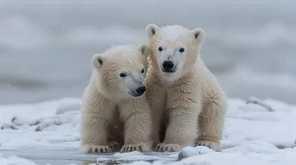 Fotobehang  heartwarming sight of baby polar bears cuddling on a snowy white background, their fluffy fur and curious noses portrayed in stunning 8k full ultra HD © Artistic_Creation