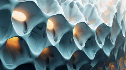 Dive into the depths of a 3D wall abstraction fusing organic shapes with futuristic elements,