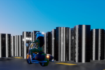 Long-haired woman riding a motorcycle with a sporty attitude wearing a yellow protective suit and helmet speeds through the city westbound rendering three-dimensional
