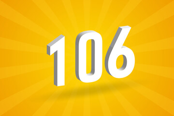 3D 106 number font alphabet. White 3D Number 106 with yellow background