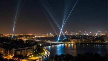vibrant night cityscape with illuminated spotlight beams cutting through the dark