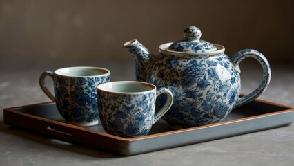 Elegant blue pottery teapot and cups on tray