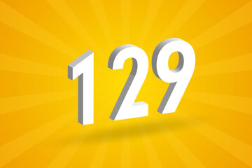 3D 129 number font alphabet. White 3D Number 129 with yellow background