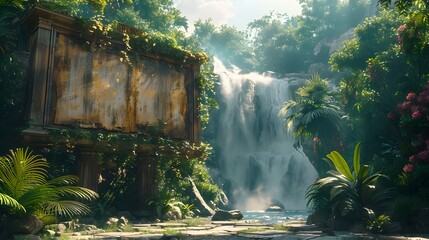 a billboard mockup against a breathtaking waterfall backdrop, with cascading water and lush vegetation creating a captivating setting for outdoor advertising - obrazy, fototapety, plakaty