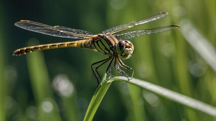 Detailed dragonfly resting on a green leaf