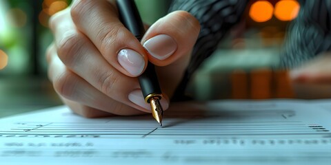 A closeup shot of a persons hand holding a pen signing a quality management document. Concept Close-up Photography, Quality Management, Business Documentation, Hand Holding Pen, Signing Document - obrazy, fototapety, plakaty