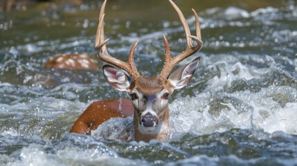 An exhaustedlooking deer struggles to swim against the rushing current its antlers ly visible above the murky water. - obrazy, fototapety, plakaty
