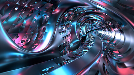 Encounter a 3D wall abstraction from the future, featuring metallic finishes and holographic...
