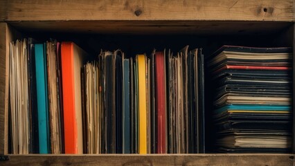 Fototapeta premium Vintage records in a wooden crate