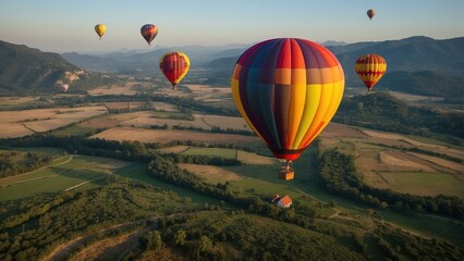 Naklejka premium Scenic hot air balloons over serene landscape