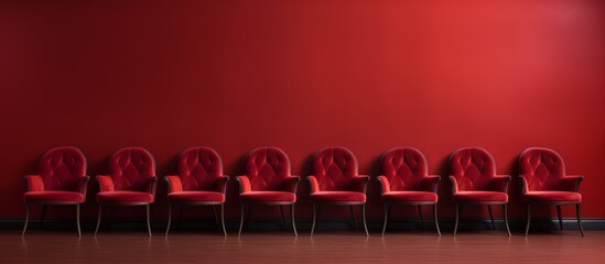 Red chairs lined up against a vibrant red wall create a striking visual in an enclosed space