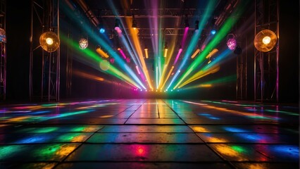 Colorful disco light beams on dance floor