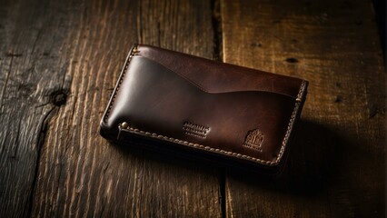 Elegant leather wallet on wooden background