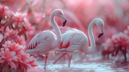 adorable antics of baby flamingos wading on a serene pink background, their long legs and fluffy feathers highlighted in breathtaking 8k high resolution