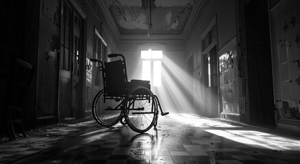 Wheelchair inside an old abandoned hospital.