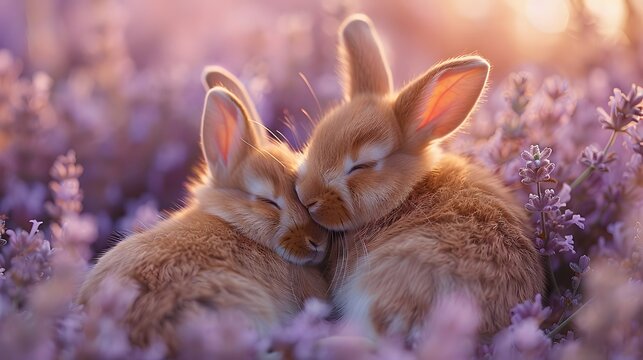 cuteness overload of fluffy bunny siblings cuddling on a cozy lavender backdrop, their furry bodies and gentle features highlighted in cinematic 8k high resolution