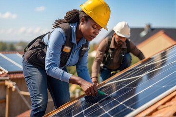 Young adult African American female technician and male partner with helmets and security equipment installing or checking solar panels on modern house roof on sunny day, renewable energy concept