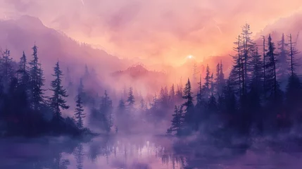 Tableaux ronds sur plexiglas Anti-reflet Matin avec brouillard Witness the gentle hues of daybreak as they dance upon the watercolor canvas, blending soft pinks, lavenders, and blues in a symphony of serenity
