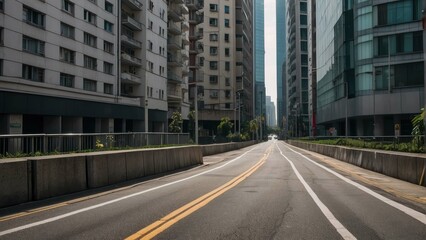 Road cutting through modern cityscape
