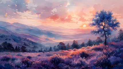 Fotobehang Witness the gentle hues of daybreak as they dance upon the watercolor canvas, blending soft pinks, lavenders, and blues in a symphony of serenity © Artistic_Creation