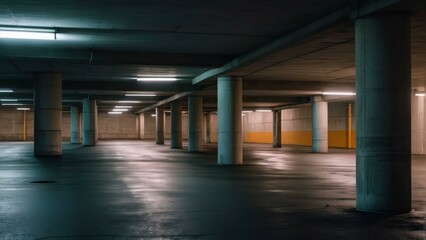 Naklejka premium Empty parking garage with columns and lighting