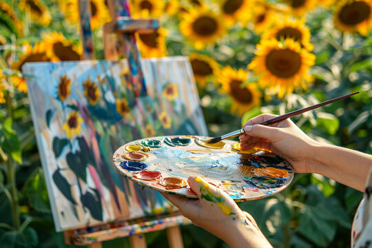 Female artist's hands up close, holding an oil paint palette and brush. Sunflower field in the background is blurry with an easel.