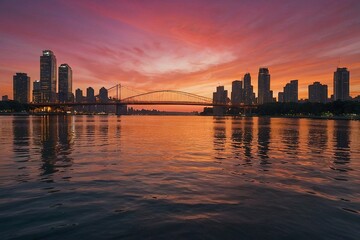 Fototapeta premium view of a bridge over a river with a city in the background, new york city as backdrop