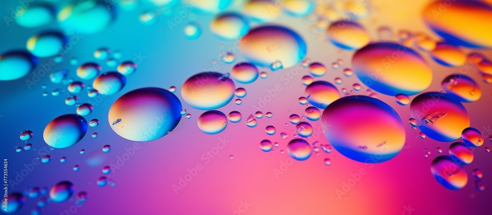 Poster a macro shot capturing a group of water droplets in different hues on a vibrant surface, creating a 