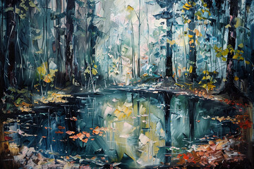 Forest landscape with a pond in it, oil painting. Abstract painting, landscape, with leaves.