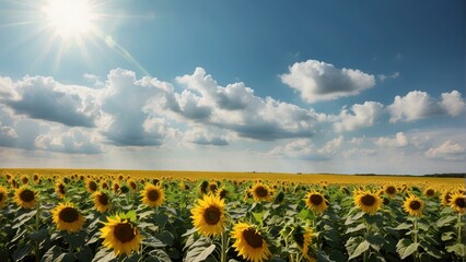 Sunflower field with clear blue sky and sunlight - Powered by Adobe